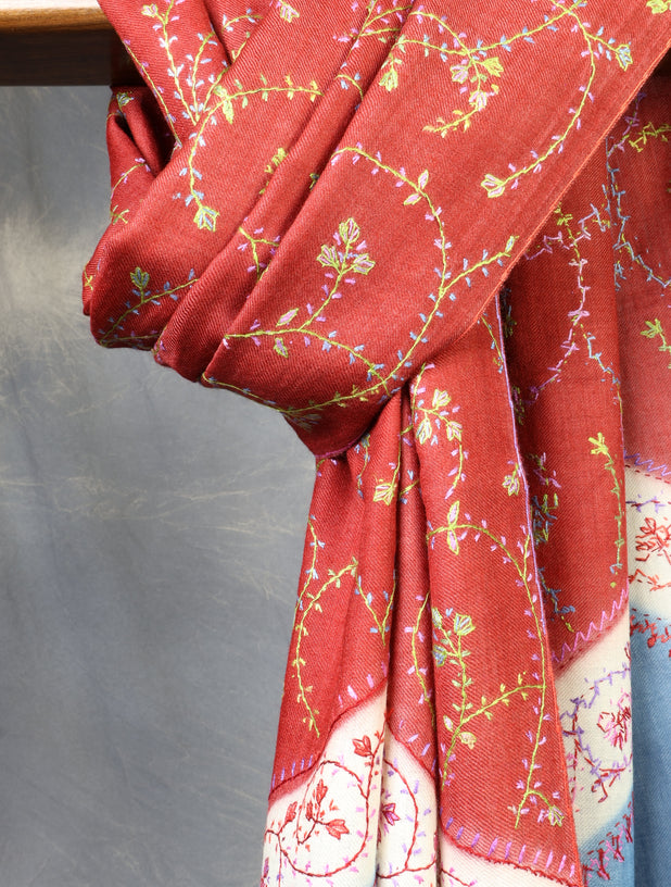 Triple Dye Sozni Embroidery Merino Wool Scarf