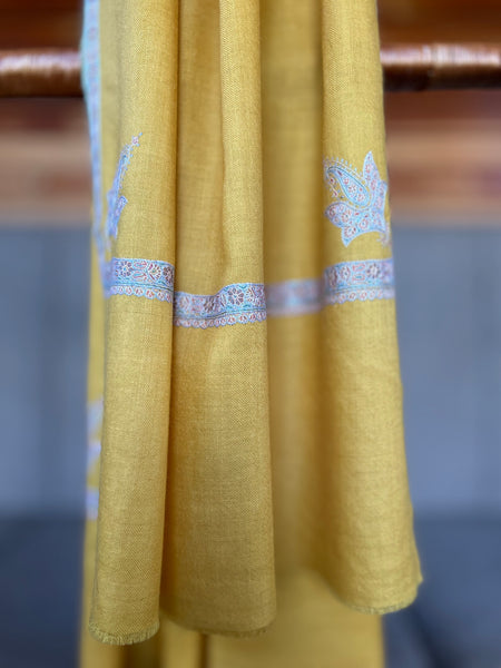Mustard Small Border Sozni Embroidery Handwoven Cashmere Pashmina Scarf
