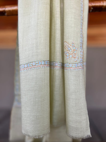 Ivory Small Border Sozni Embroidery Handwoven Cashmere Pashmina Scarf
