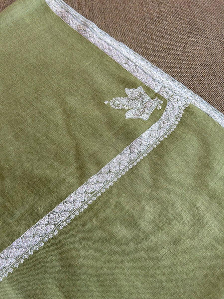 Fern Green Small Border Sozni Embroidery Handwoven Cashmere Pashmina Scarf