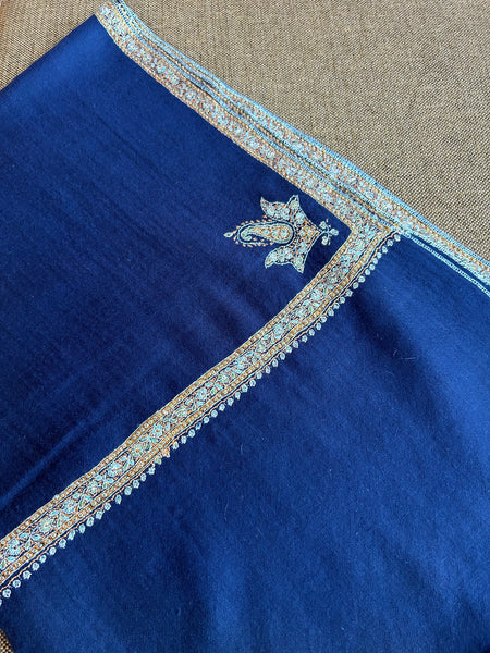 Blue Small Border Sozni Embroidery Handwoven Cashmere Pashmina Scarf
