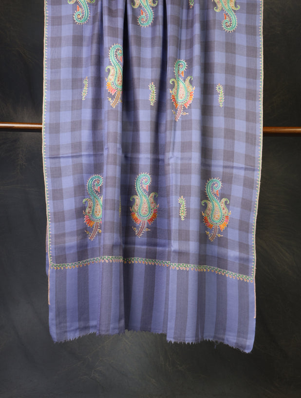 Purple And Grey Checked Base Paisley Merino Embroidery Shawl