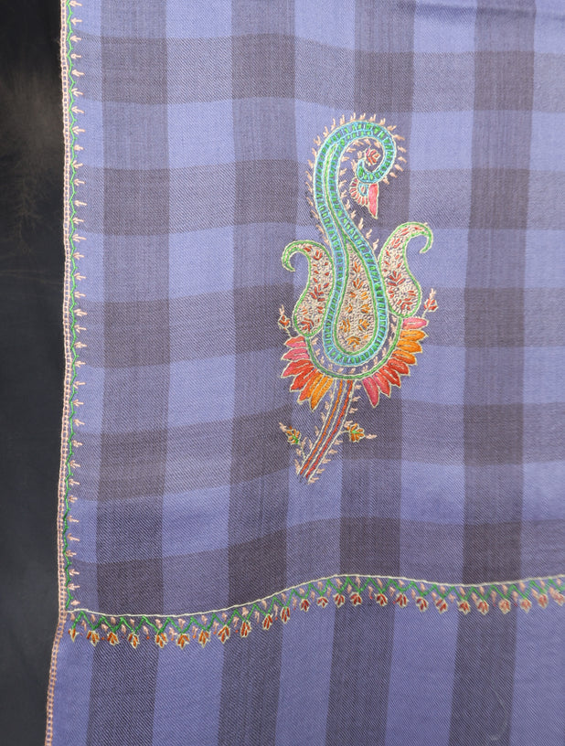 Purple And Grey Checked Base Paisley Merino Embroidery Shawl