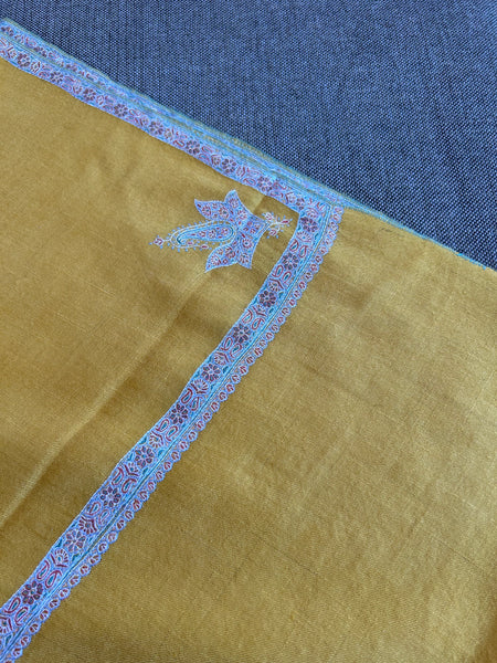 Mustard Small Border Sozni Embroidery Handwoven Cashmere Pashmina Scarf