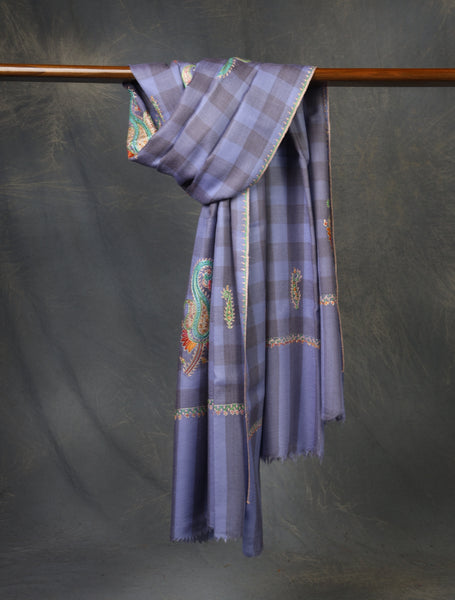Purple And Grey Checked Base Paisley Merino Embroidery Shawl