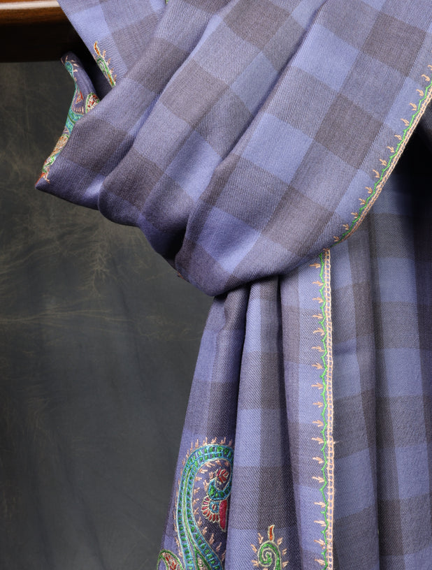 Purple And Grey Checked Base Paisley Merino Embroidery Shawl