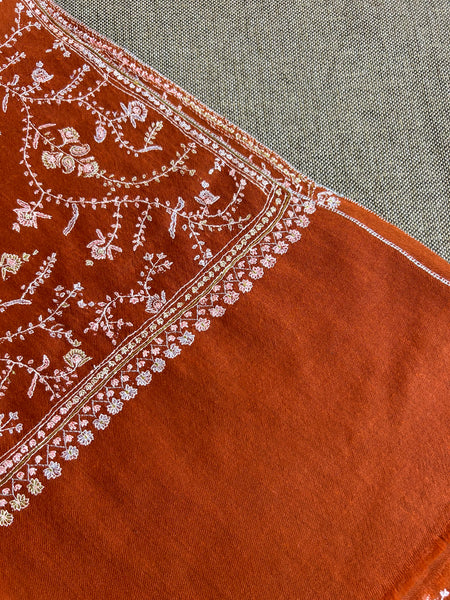 Rust Jali Sozni Embroidery Handwoven Cashmere Pashmina Scarf