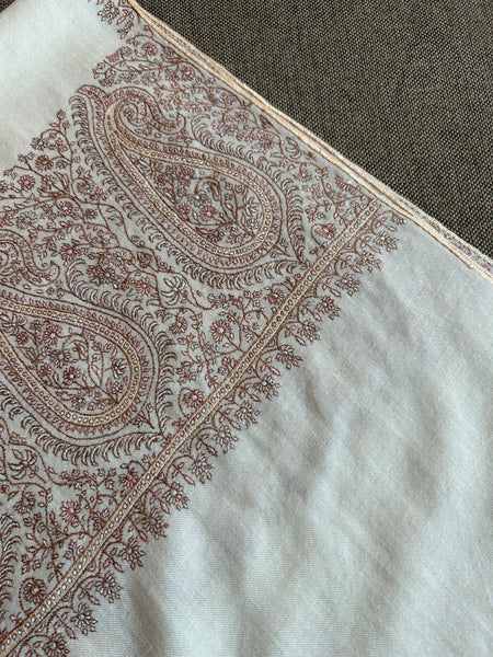 Ivory Big Border Sozni Embroidery Handwoven Cashmere Pashmina Scarf