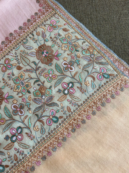 Pink Big Border Sozni Embroidery Handwoven Cashmere Pashmina Scarf