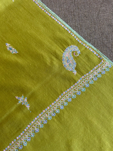 Bright Green Boteh Sozni Embroidery Handwoven Cashmere Pashmina Scarf