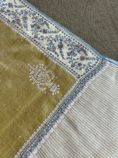 Fern Green  Boteh Sozni Embroidery Handwoven Cashmere Pashmina Scarf
