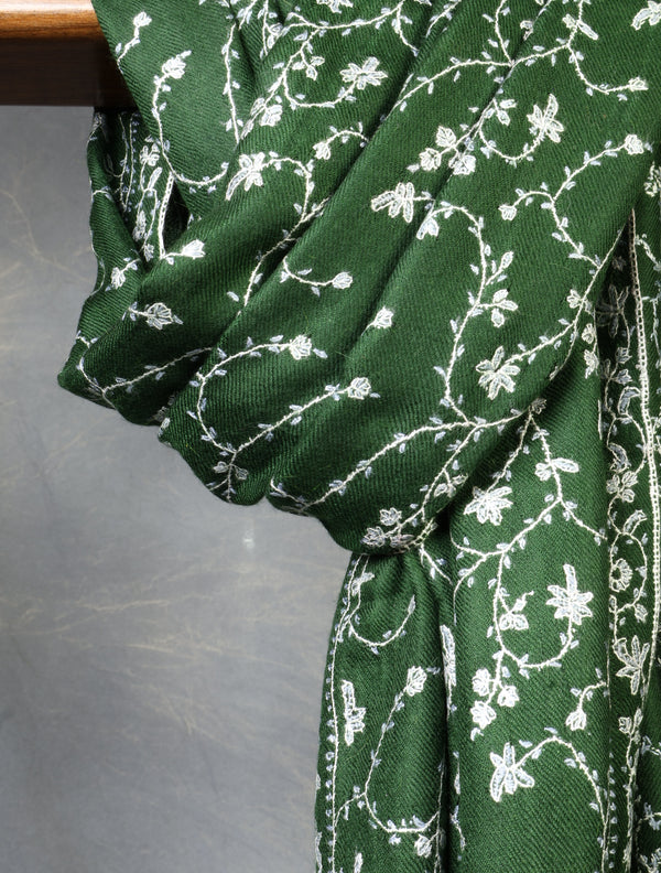 Green Jali Embroidery Cashmere Pashmina Scarf — pashmina shawl detail