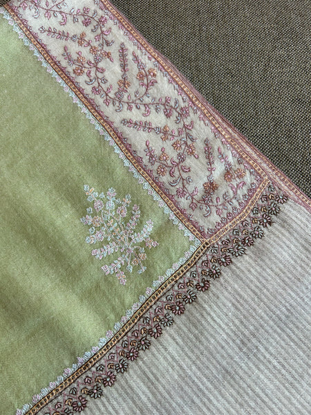 Apple Green Boteh Sozni Embroidery Handwoven Cashmere Pashmina Scarf