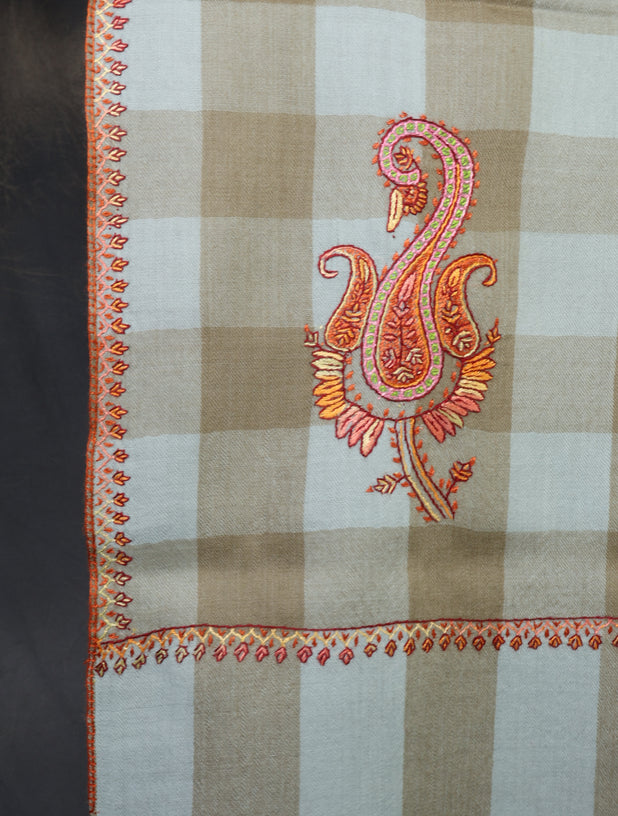 Light Blue And Natural Checked Base Paisley Merino Embroidery Shawl