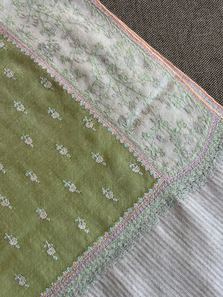 Olive Green  Boteh Sozni Embroidery Handwoven Cashmere Pashmina Scarf