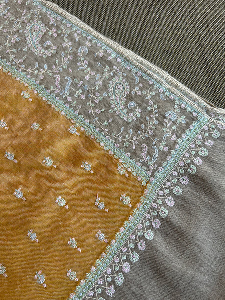 Mustard Boteh Sozni Embroidery Handwoven Cashmere Pashmina Scarf