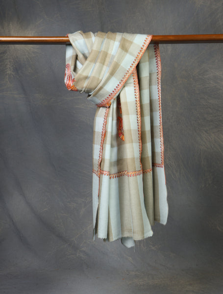 Light Blue And Natural Checked Base Paisley Merino Embroidery Shawl