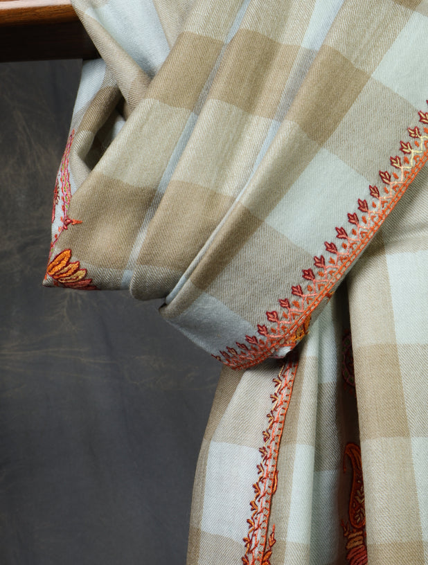 Light Blue And Natural Checked Base Paisley Merino Embroidery Shawl