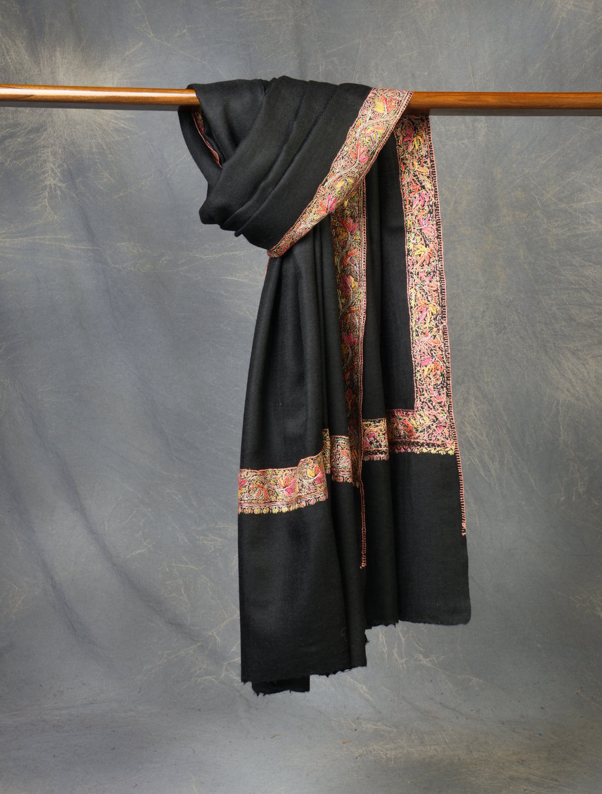 Black Base Small Border Embroidery Merino Shawl