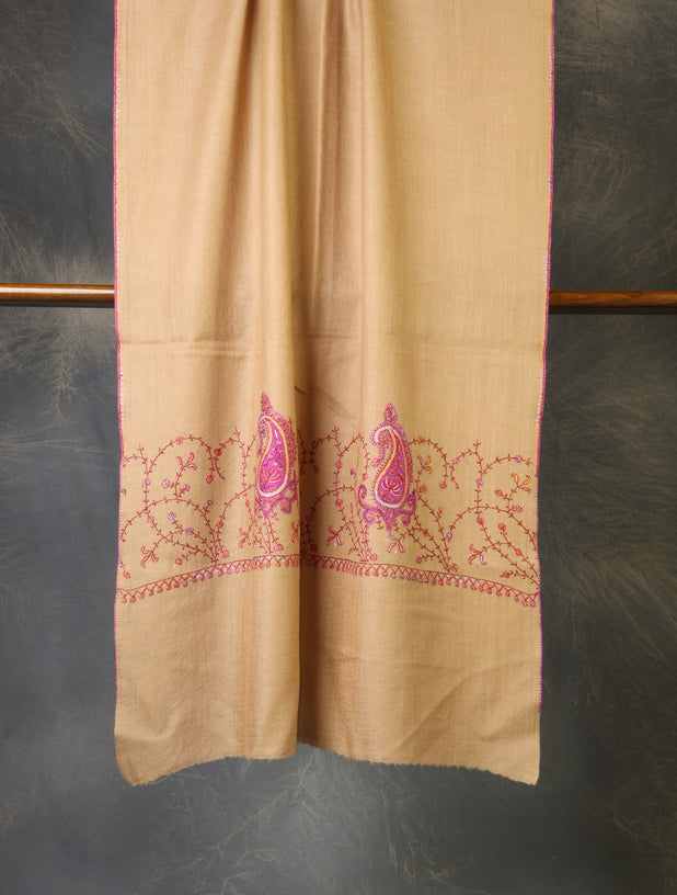 Natural Base Big Border Sozni Embroidery Merino Wool Scarf