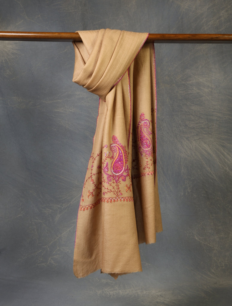 Natural Base Big Border Sozni Embroidery Merino Wool Scarf
