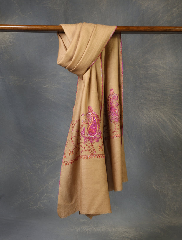 Natural Base Big Border Sozni Embroidery Merino Wool Scarf