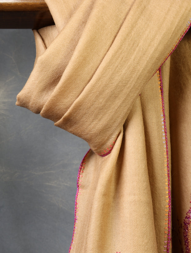 Natural Base Big Border Sozni Embroidery Merino Wool Scarf
