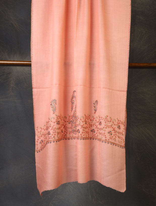 Peach Base Big Border Sozni Embroidery Merino Wool Scarf