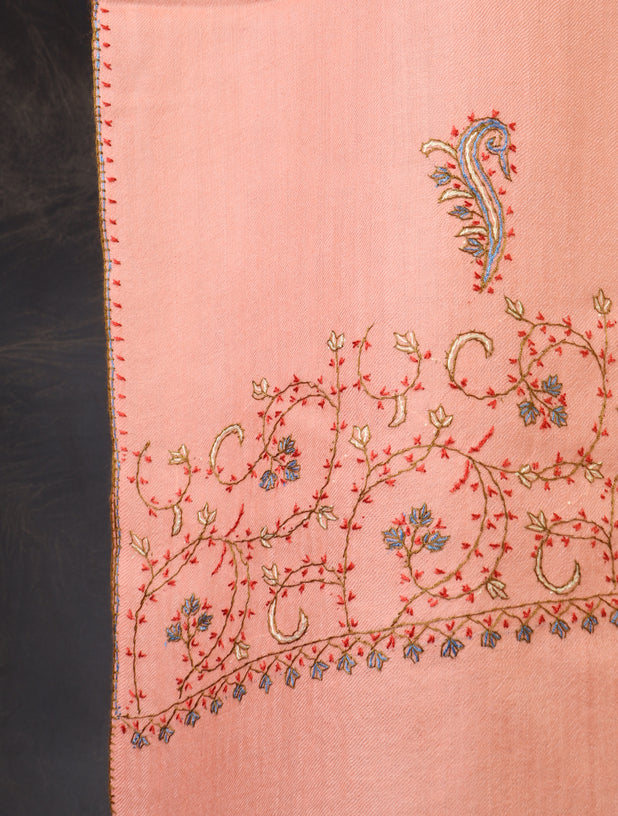 Peach Base Big Border Sozni Embroidery Merino Wool Scarf
