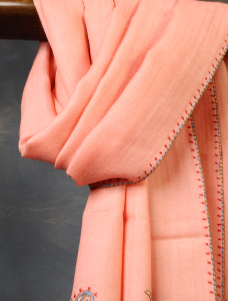 Peach Base Big Border Sozni Embroidery Merino Wool Scarf