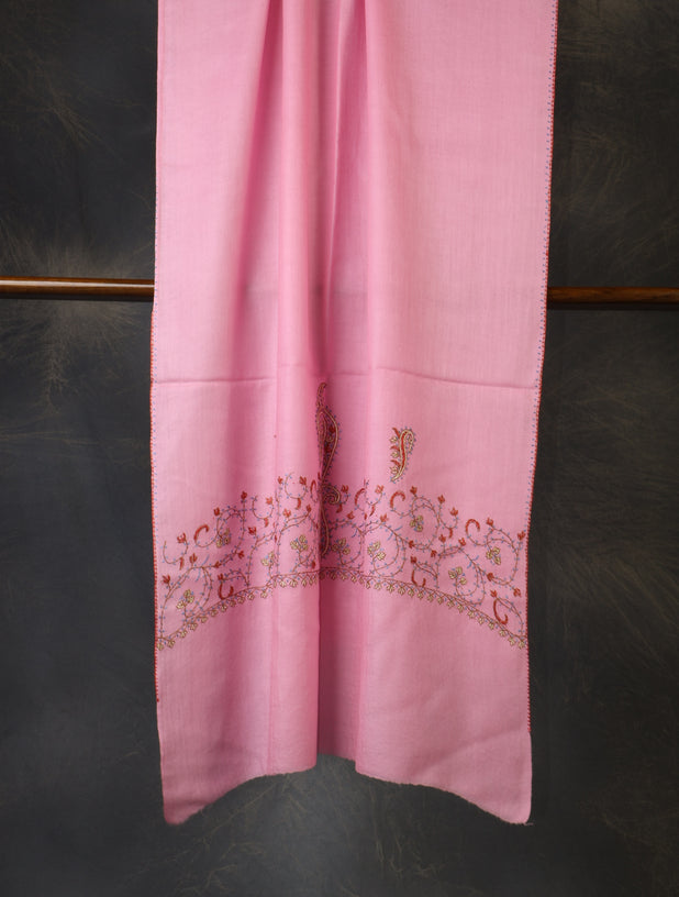Pink Base Big Border Sozni Embroidery Merino Wool Scarf
