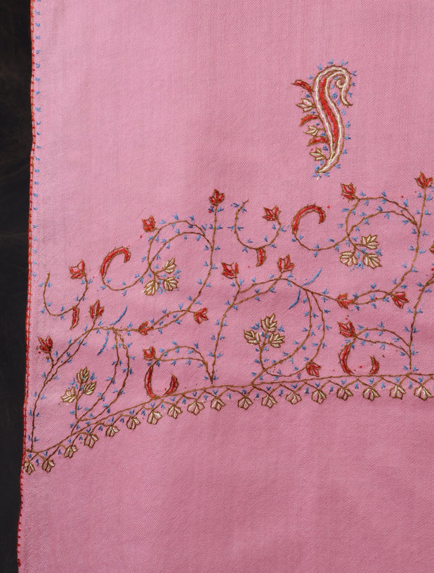 Pink Base Big Border Sozni Embroidery Merino Wool Scarf