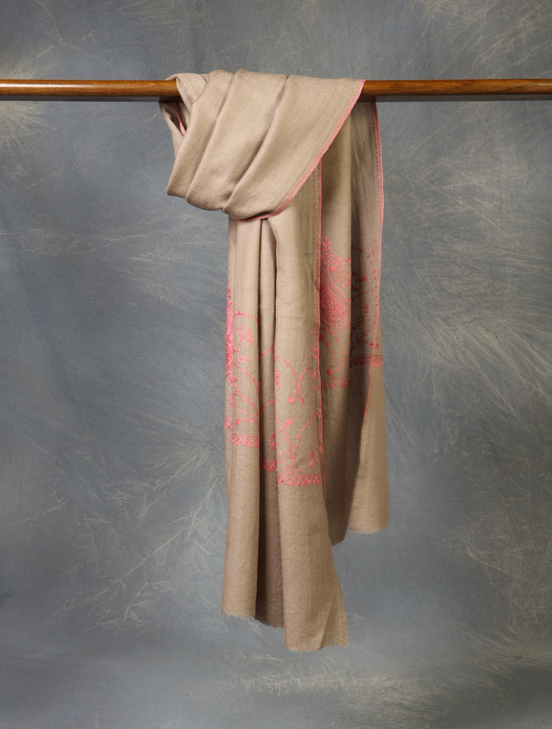 Natural Base Big Border Sozni Embroidery Merino Wool Scarf