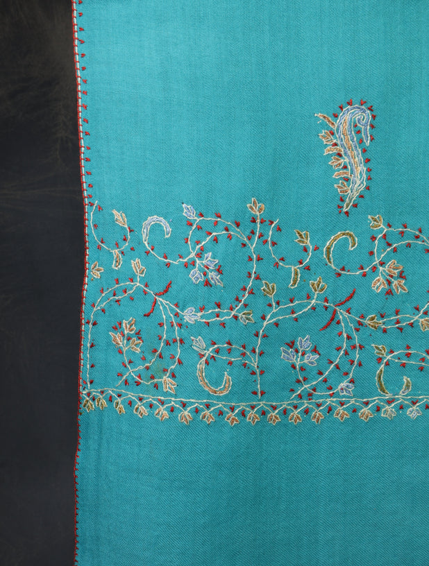 Turquoise Blue Base Big Border Sozni Embroidery Merino Wool Scarf