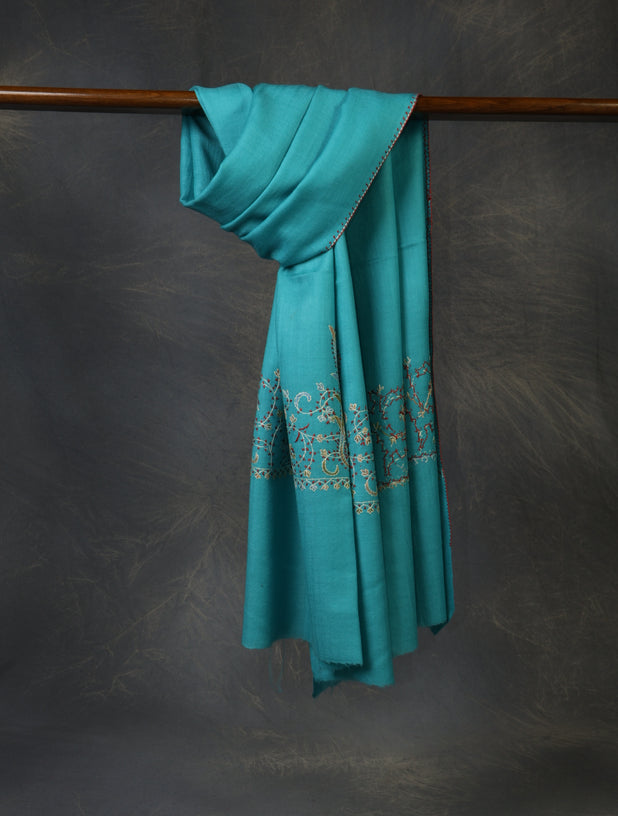Turquoise Blue Base Big Border Sozni Embroidery Merino Wool Scarf