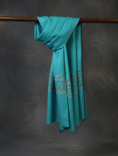 Turquoise Blue Base Big Border Sozni Embroidery Merino Wool Scarf