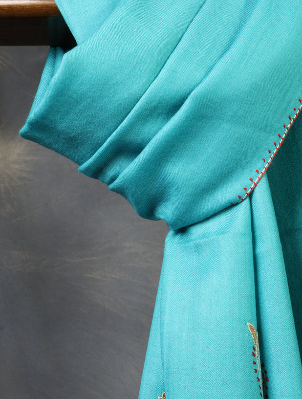 Turquoise Blue Base Big Border Sozni Embroidery Merino Wool Scarf