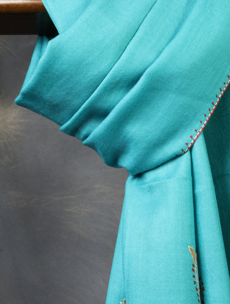 Turquoise Blue Base Big Border Sozni Embroidery Merino Wool Scarf