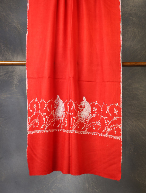 Red Base Big Border Sozni Embroidery Merino Wool Scarf