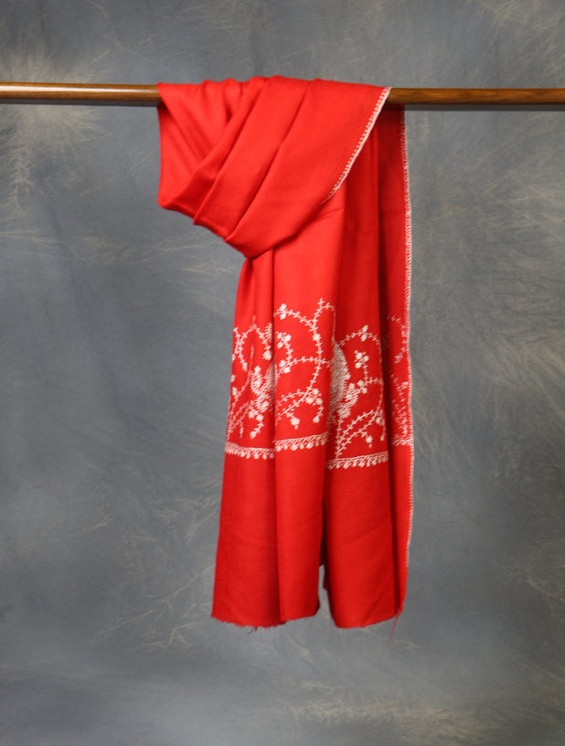Red Base Big Border Sozni Embroidery Merino Wool Scarf