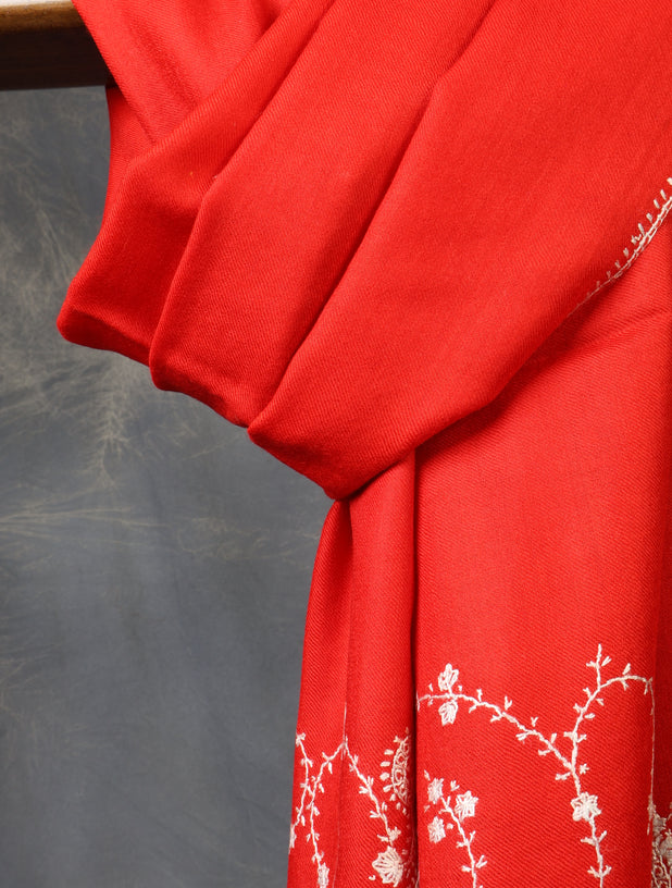 Red Base Big Border Sozni Embroidery Merino Wool Scarf