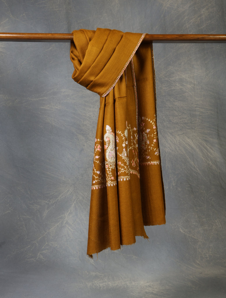 Mustard Brown Base Big Border Sozni Embroidery Merino Wool Scarf