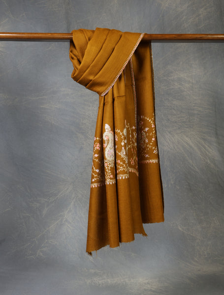 Mustard Brown Base Big Border Sozni Embroidery Merino Wool Scarf