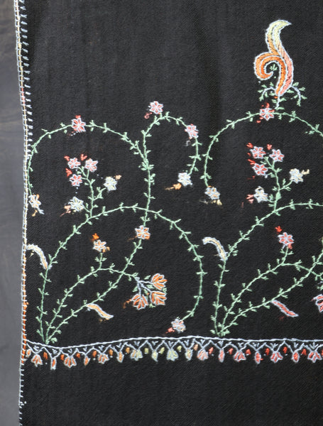 Black Base Big Border Sozni Embroidery Merino Wool Scarf