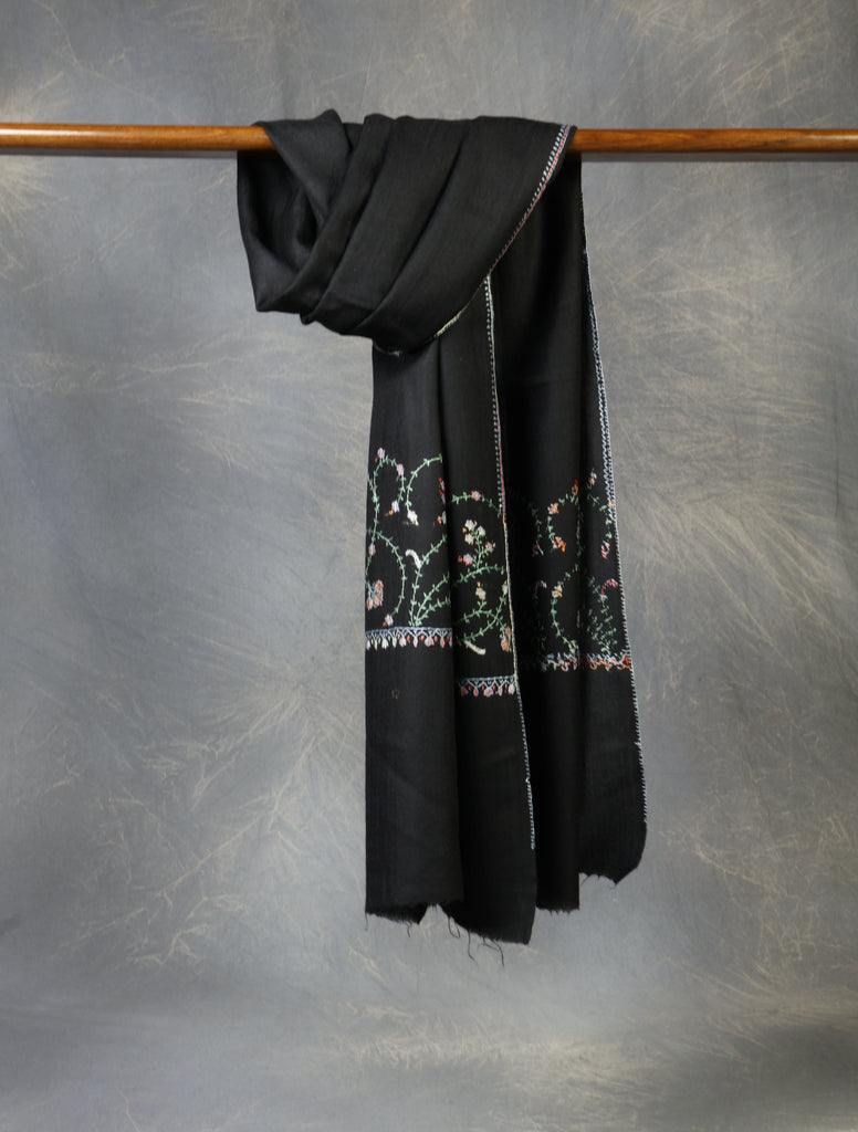Black Base Big Border Sozni Embroidery Merino Wool Scarf
