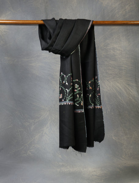 Black Base Big Border Sozni Embroidery Merino Wool Scarf