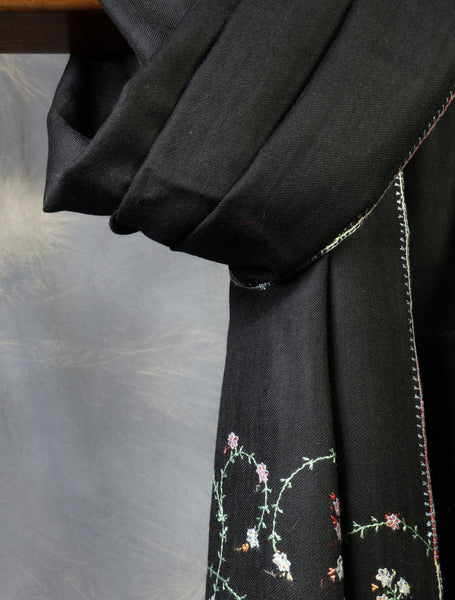 Black Base Big Border Sozni Embroidery Merino Wool Scarf