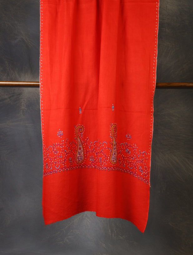 Red Base Big Border Sozni Embroidery Merino Wool Scarf