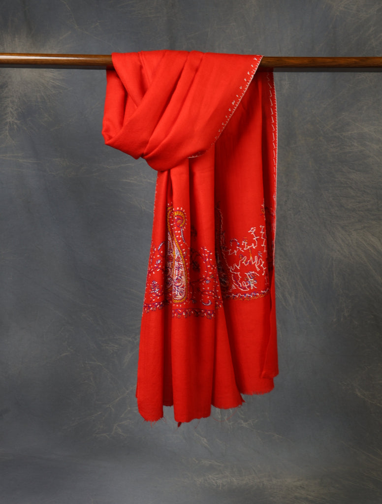 Red Base Big Border Sozni Embroidery Merino Wool Scarf