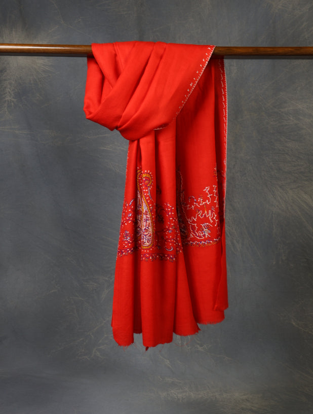 Red Base Big Border Sozni Embroidery Merino Wool Scarf